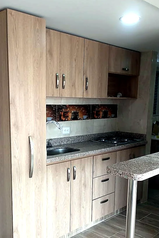 Cocina integral en roble claro con barra